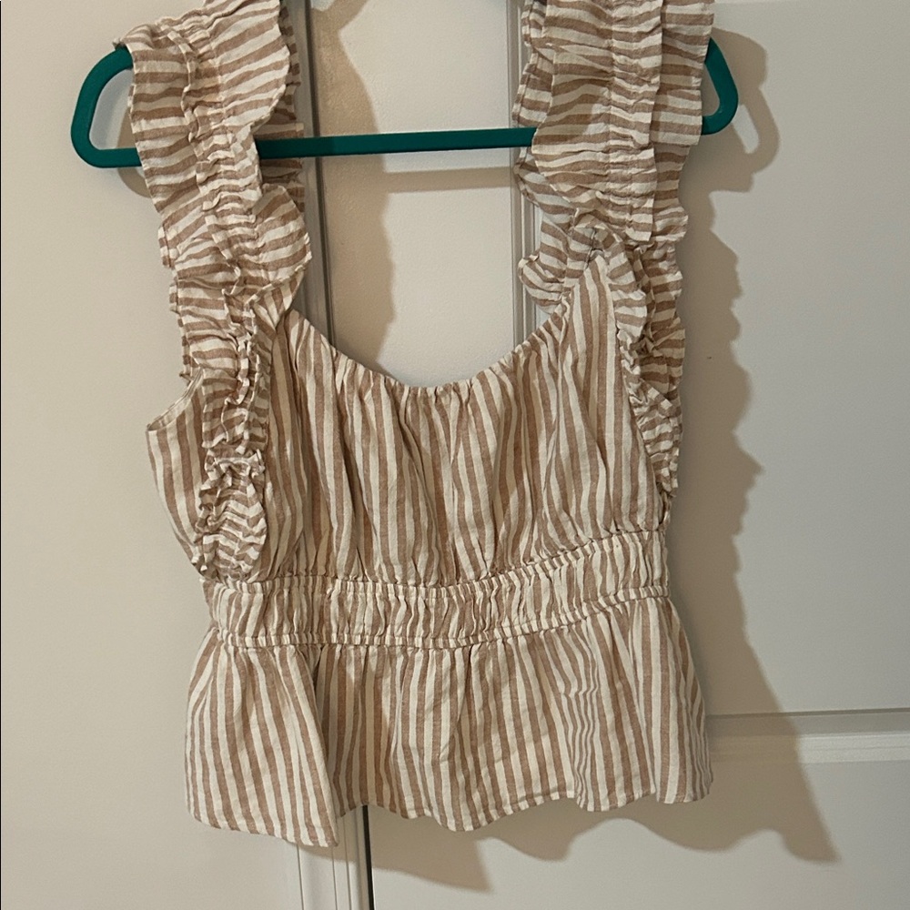 Abercrombie & Fitch Cream and Brown Striped Ruffle Tank Top